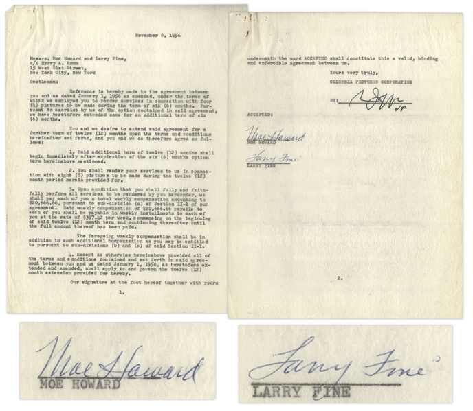 Moe Howard & Larry Fine Signed 2pp. Agreement With Columbia Pictures, Dated 8 November 1956 After Shemp's Death -- Moe & Larry Extend Their Contract With Columbia -- 8.5 x 11, Very Good